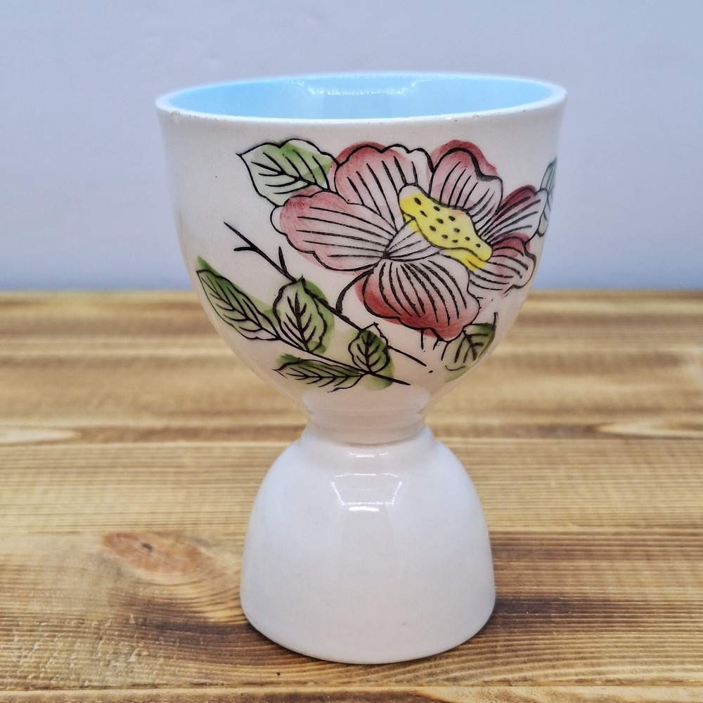 Vintage Japanese Porcelain Egg Cup Red‎ Floral Pattern Stamped Japan